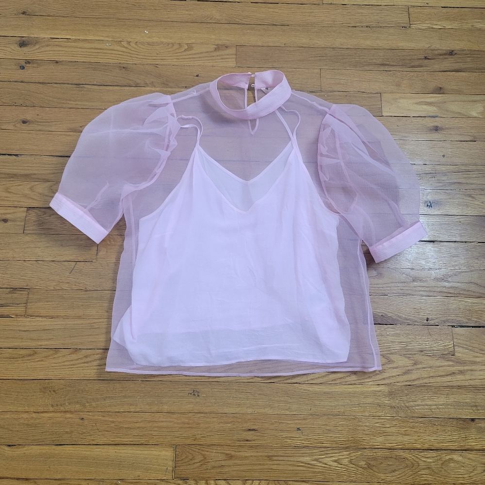 H&M Pink Lace Spaghetti Strip Puff Sleeve Top